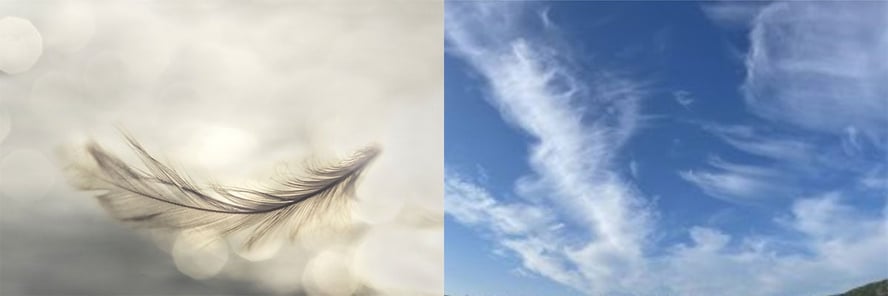To bilder: En lett, hvit fjær fra en fugl. Og et bilde av lette fjærskyer som ligner på en fjær.
