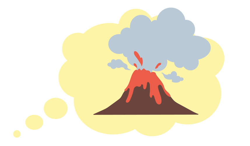 Tankeboble med bilde av et vulkanutbrudd. Rød lava renner nedover fjellet og det er en og stor grå sky over