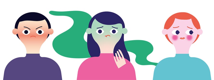 Tre ulike uttrykk for sinne: Rød med sinte øyenbryn, grønn i ansiktet og rødmende