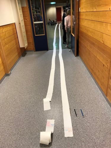 To hvite linjer i en gang laget av toalettpapir som del av en elevtesting