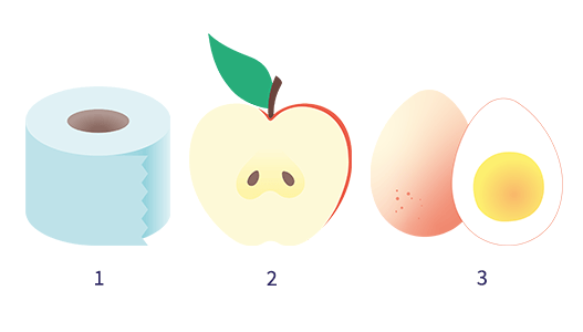 Illustrasjon av dorull med tallet 1, et delt eple med tallet 2 og et hardkokt egg delt i to med tallet 3