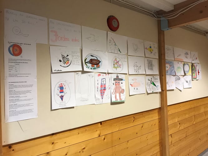 Oppslagstavle med mange tegninger hvor elever har tegnet et fantasifremkomstmiddel som skal kunne ta dem til jordas indre