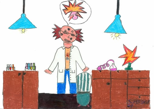 Tegning av en forsker på labben med hvit frakk og hår til alle kanter