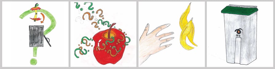 Illustrasjon av mat som kastes på forskjellige måter.