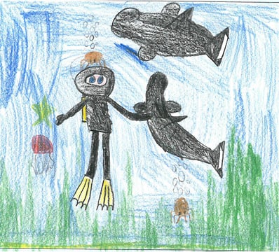 Tegning av person med svart dykkerdrakt, krabbe og spekkhogger