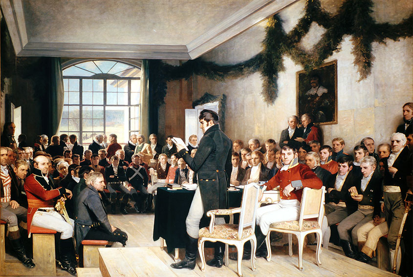 Maleriet Eidsvold 1814 som viser mennene på Eidsvoll i salen