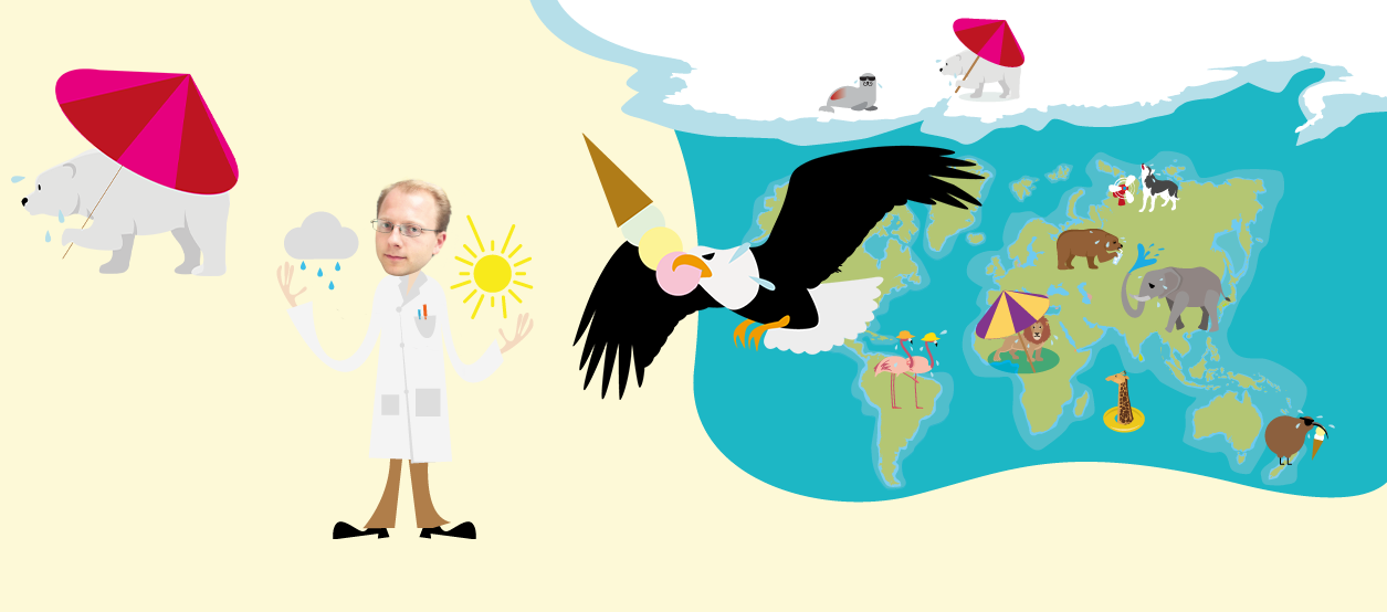 Bilde av Bjørn Samset sammen med illustrasjoner av dyr som er påvirket av varme og klimaendringer.
