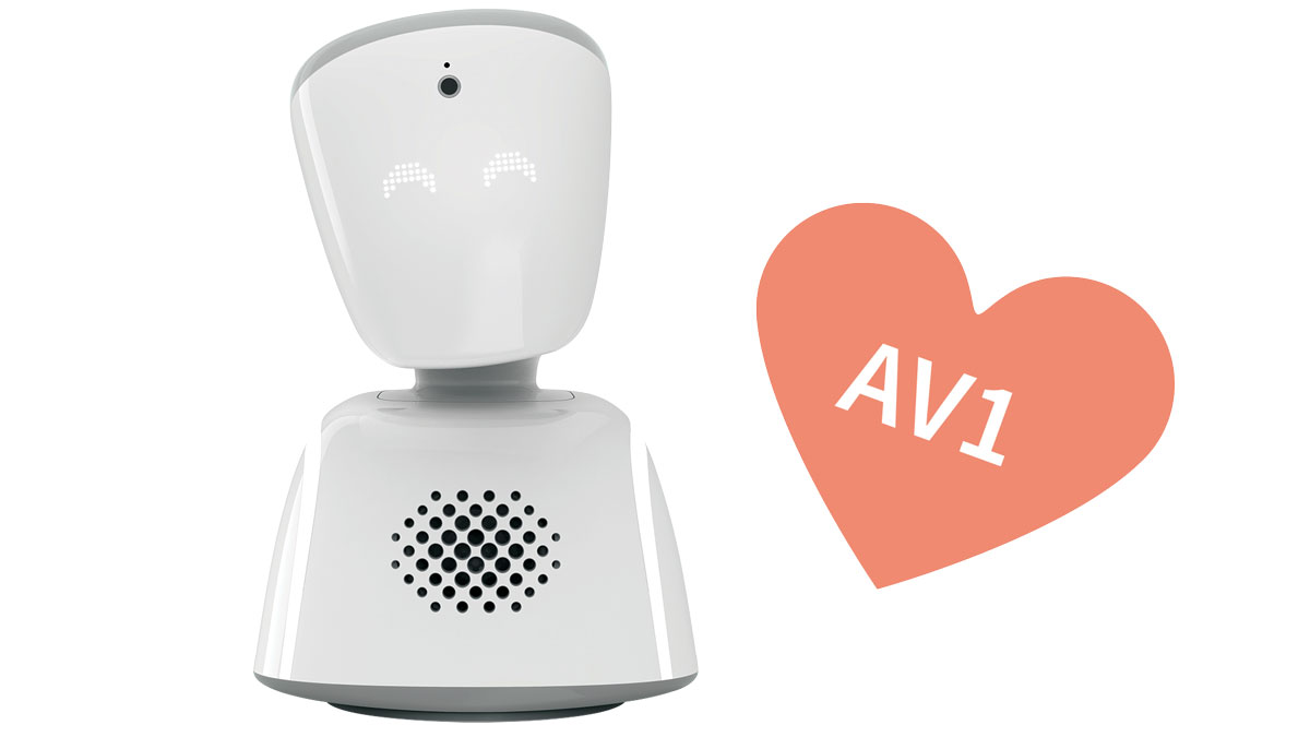En robot med hode og høyttaler og et hjerte med teksten AV1