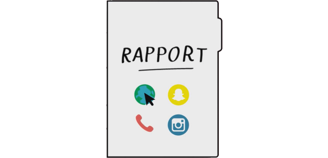 Illustrasjon av en mappe som det står Rapport på og med symboler for snapchat, instagram, telefon og internett