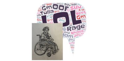 Illustrasjon av dame i rullestol og en ordsky med slang