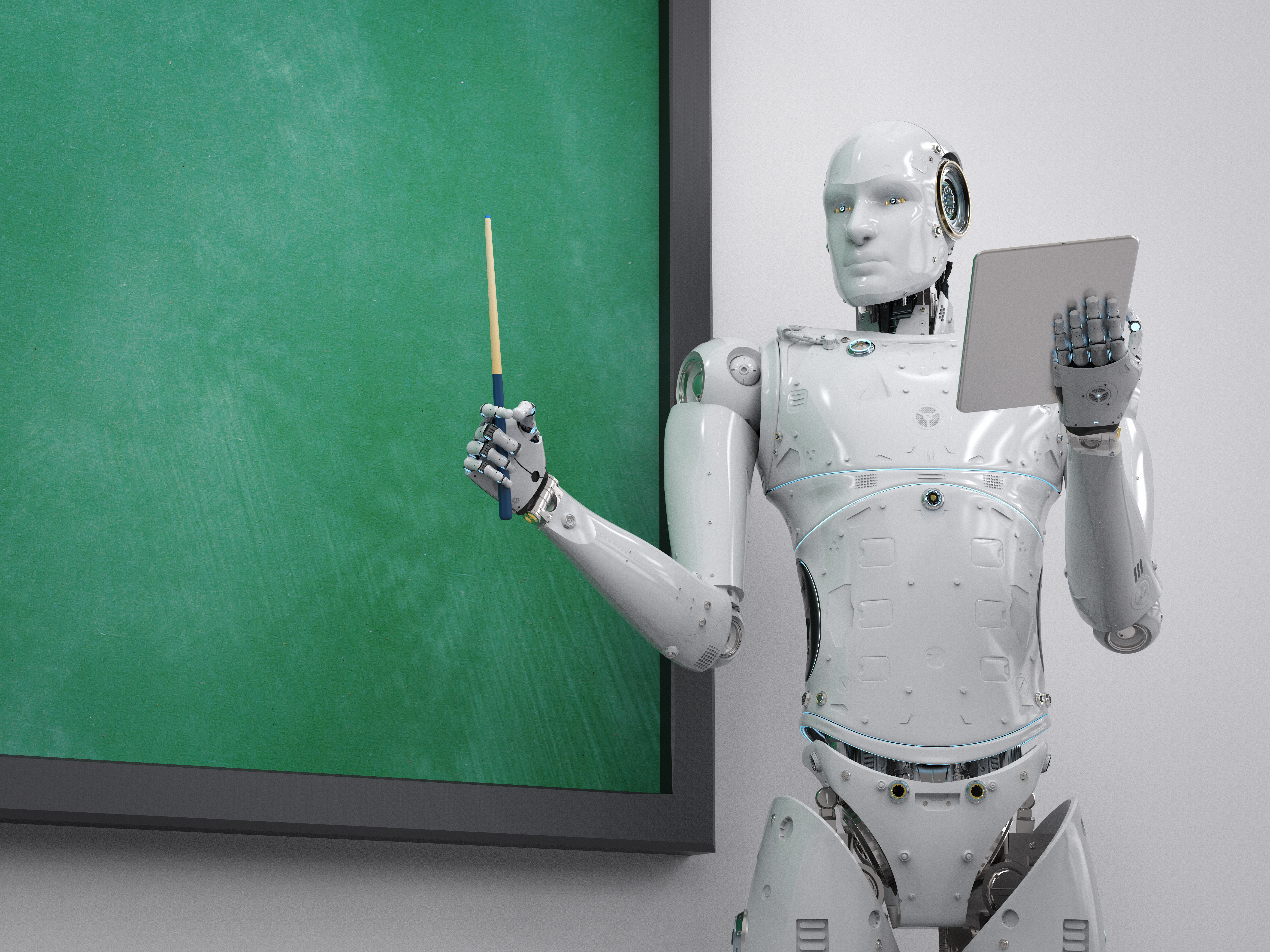 En menneskelignende robot står foran en grønn tavle og underviser som en lærer.