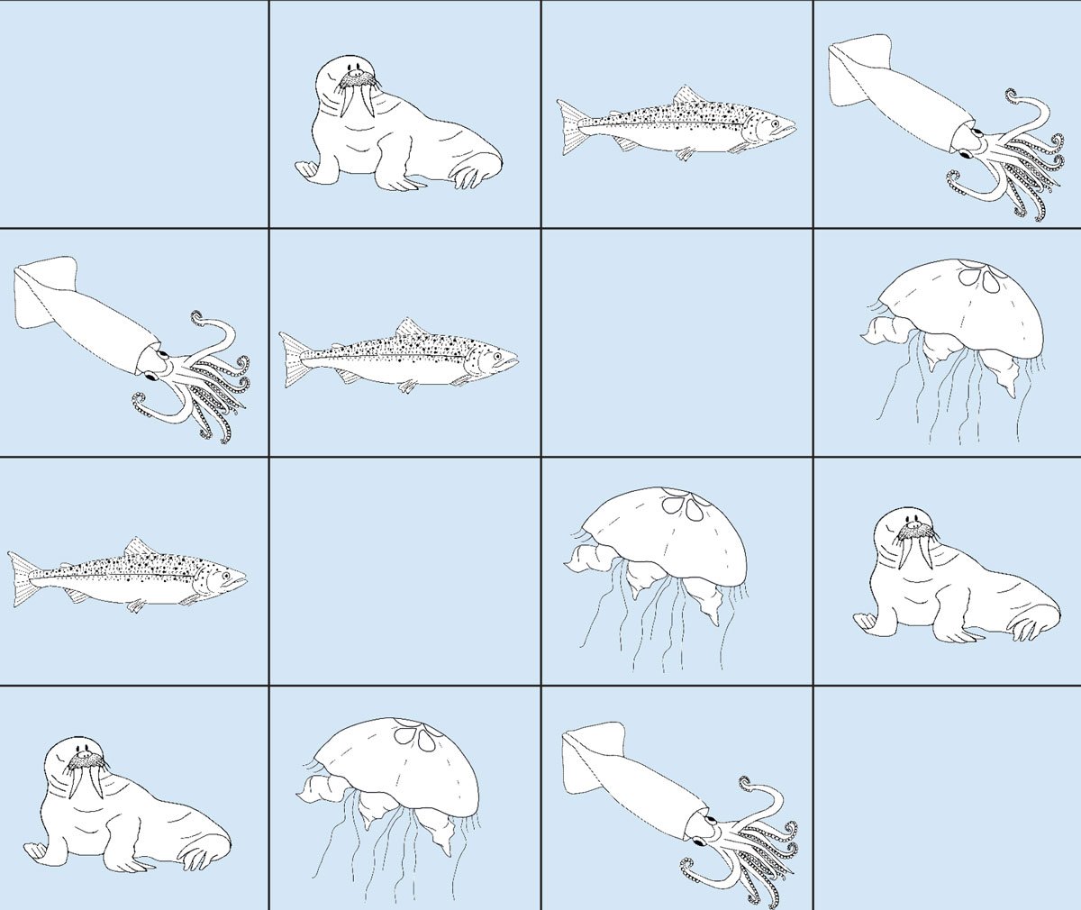 Enkle illustrasjoner av ulike dyr og fisk i havet